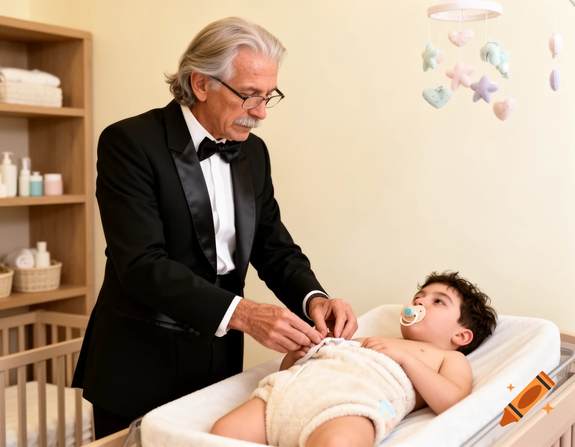 A senior man in a tuxedo carefully changes a baby's diaper on a changing table in a nursery with a mobile hanging above.