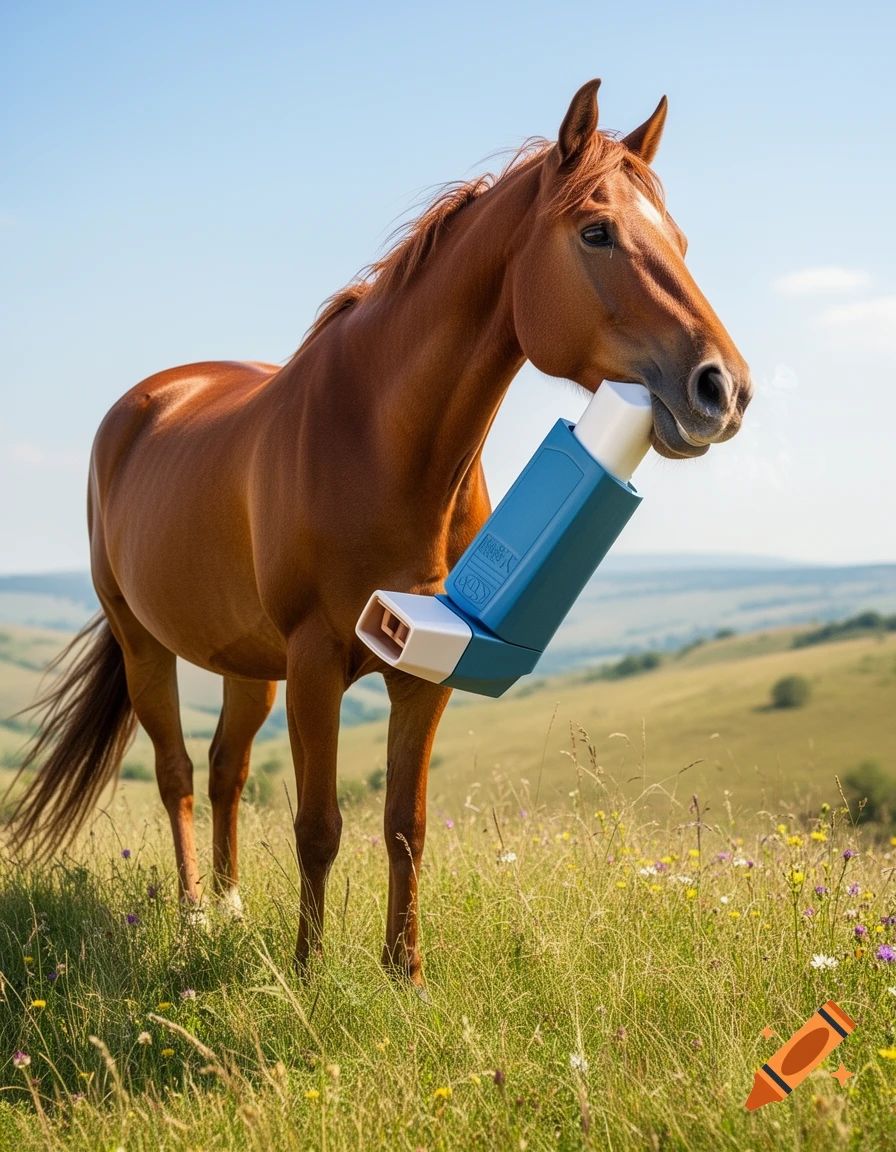 A photorealistic image of a brown horse holding a large blue asthma inhaler to its mouth in a grassy field.