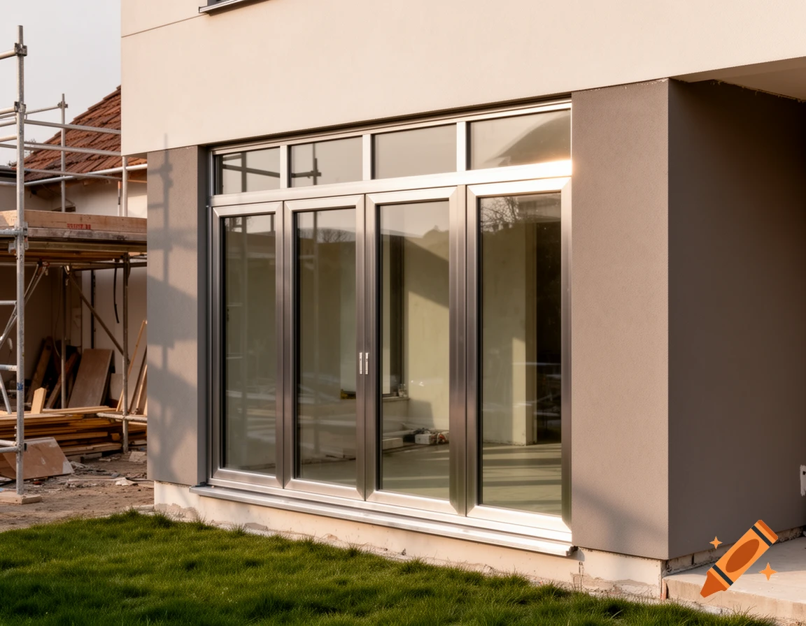 Contemporary house under renovation with aluminum windows and doors, scaffolding on the left, and green grass in the foreground.