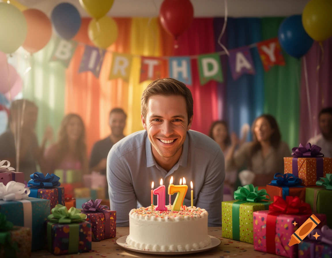 A smiling man sits in front of a white birthday cake with lit "17" candles, surrounded by wrapped gifts and balloons, with blurred people in the background.