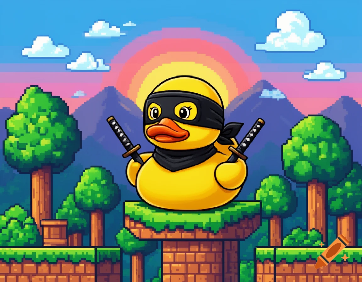 A yellow rubber duck ninja with katanas on a platform in an 8-bit pixel art video game landscape.