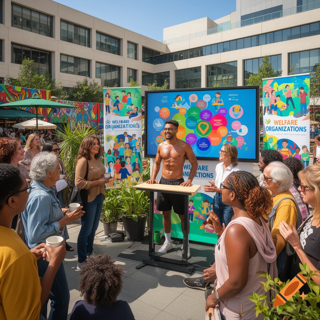 A muscular shirtless man presents at an outdoor event in a city plaza, surrounded by a diverse audience and banners for 'Welfare Organizations'.