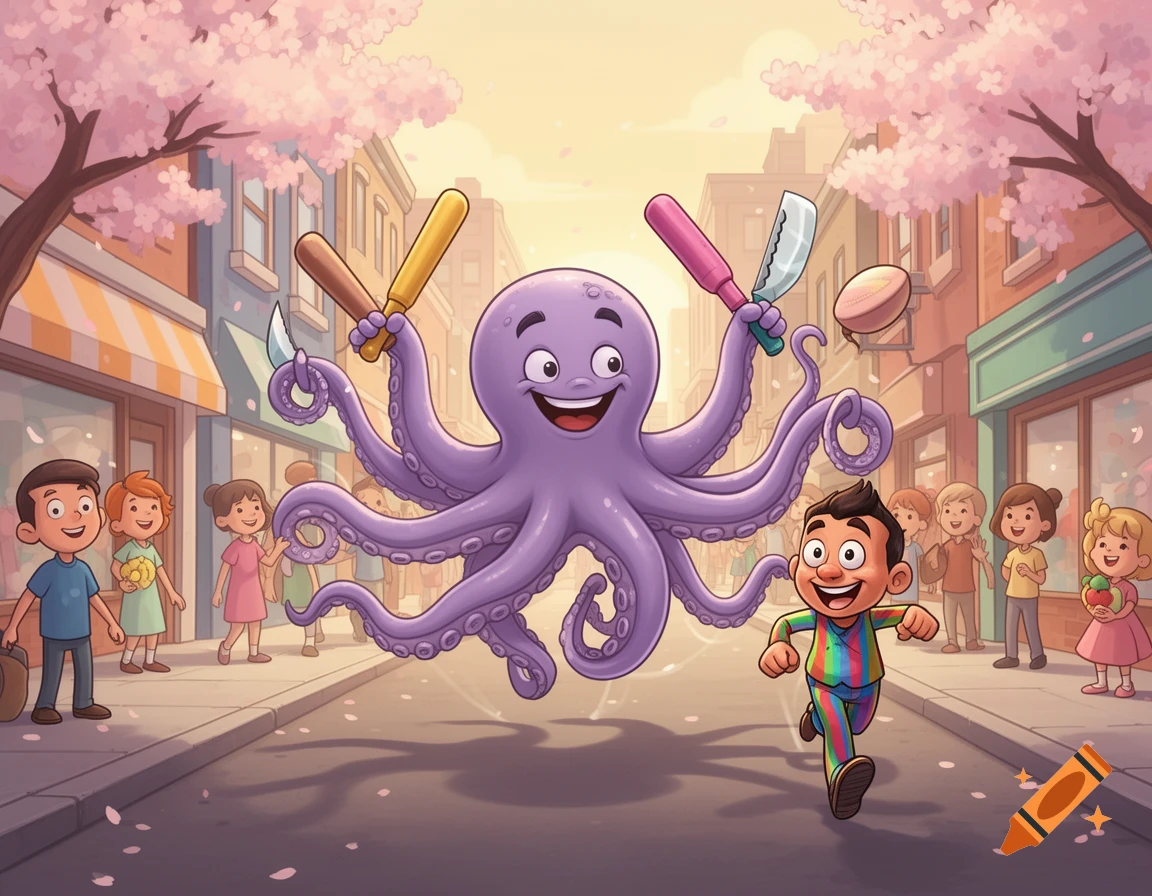 A happy purple cartoon octopus floats above a sunny street, holding bats and knives, with smiling children and cherry blossoms.