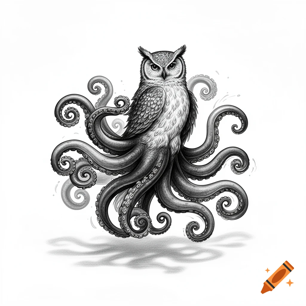 Black and white pencil drawing of an owl with octopus tentacles as its body, casting a shadow on a white background.
