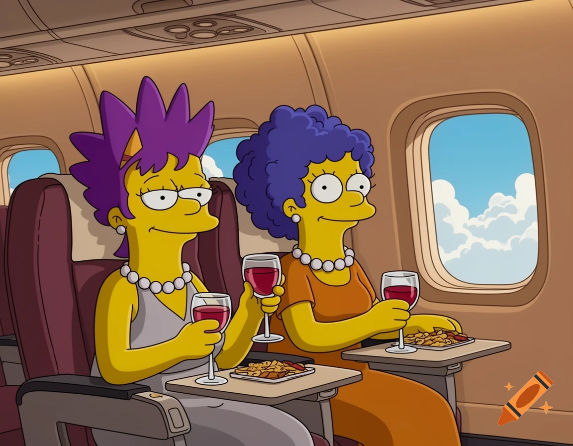 Patty and Selma from The Simpsons relax on an airplane, each with a glass of red wine and snacks on their tray tables.