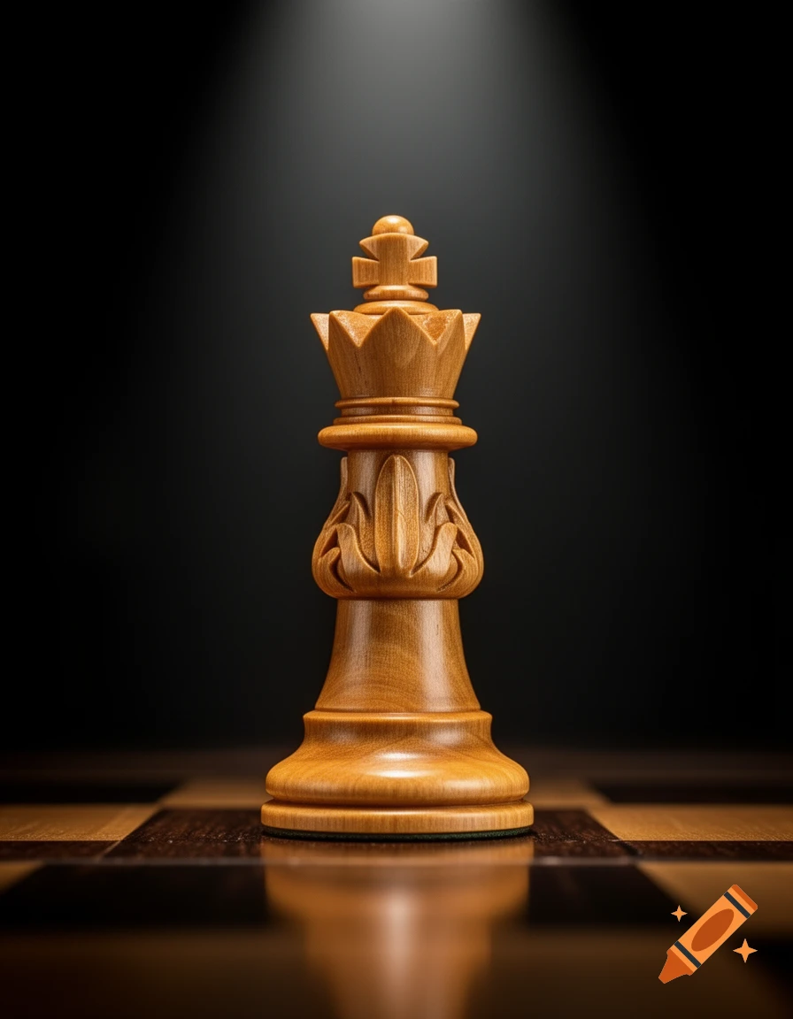A detailed wooden chess queen stands on a dark chessboard under a spotlight, against a black background.