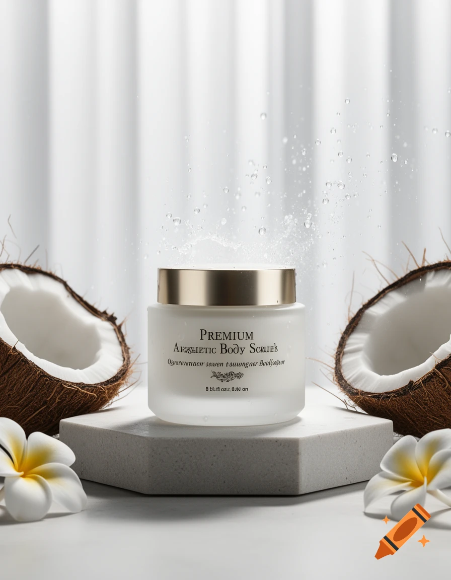 A frosted body scrub jar with a gold lid sits on a white hexagonal podium, flanked by split coconuts and white tropical flowers, with water splashing in the background. Photorealistic style.