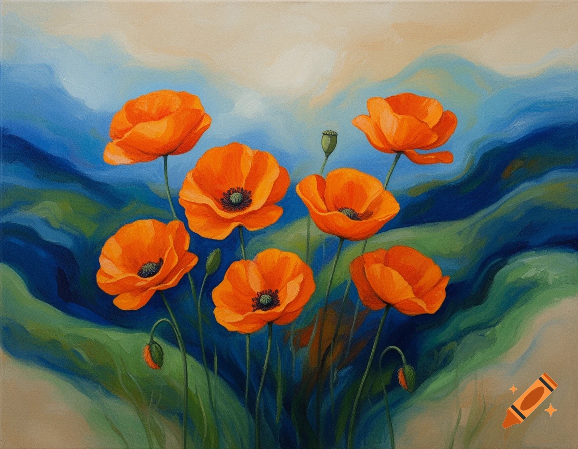 Abstract painting of seven orange poppies with green stems against a blue, green, and neutral abstract landscape background.