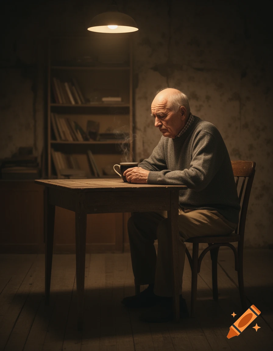 A disappointed elderly man sits alone at a wooden table, holding a steaming mug under a single lamp.