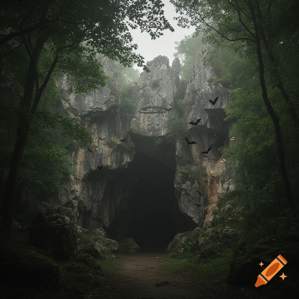 A dark cave entrance with an ornate carving above, surrounded by a dense, foggy forest with bats flying around.