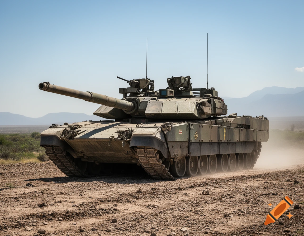 Photorealistic military tank on a dusty field with mountains in the background.
