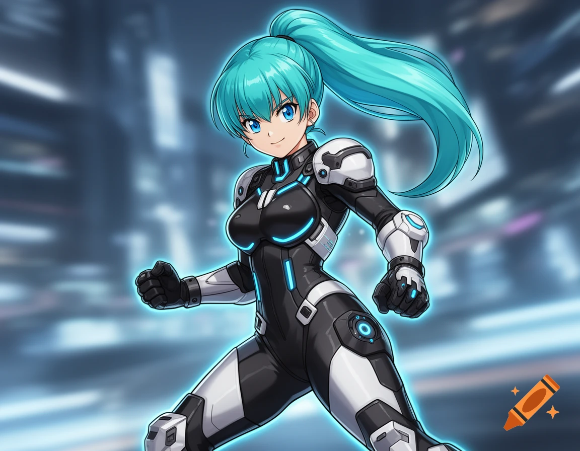 An anime girl with blue hair in a high ponytail wears a black and white futuristic armored suit with glowing blue accents, standing in a blurred city background.