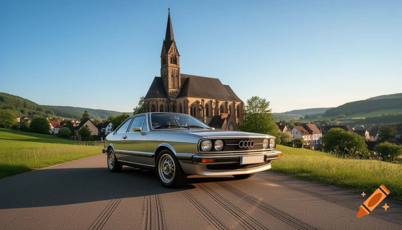 A silver Audi Coupe B2 is parked on a road with a large, historic church and a village in a green, hilly landscape under a clear blue sky.