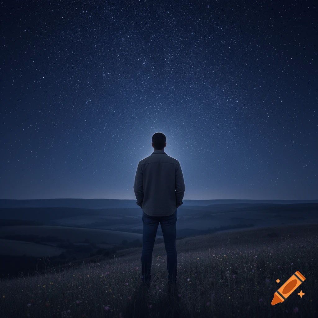 A man stands on a grassy hill, back to the viewer, gazing up at a vast, clear starry night sky over rolling hills.