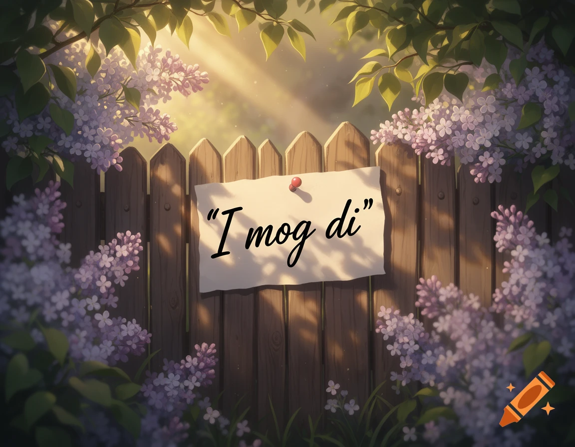 A wooden fence surrounded by purple lilac flowers under sunlight, with a note pinned to it reading 'I mog di'.
