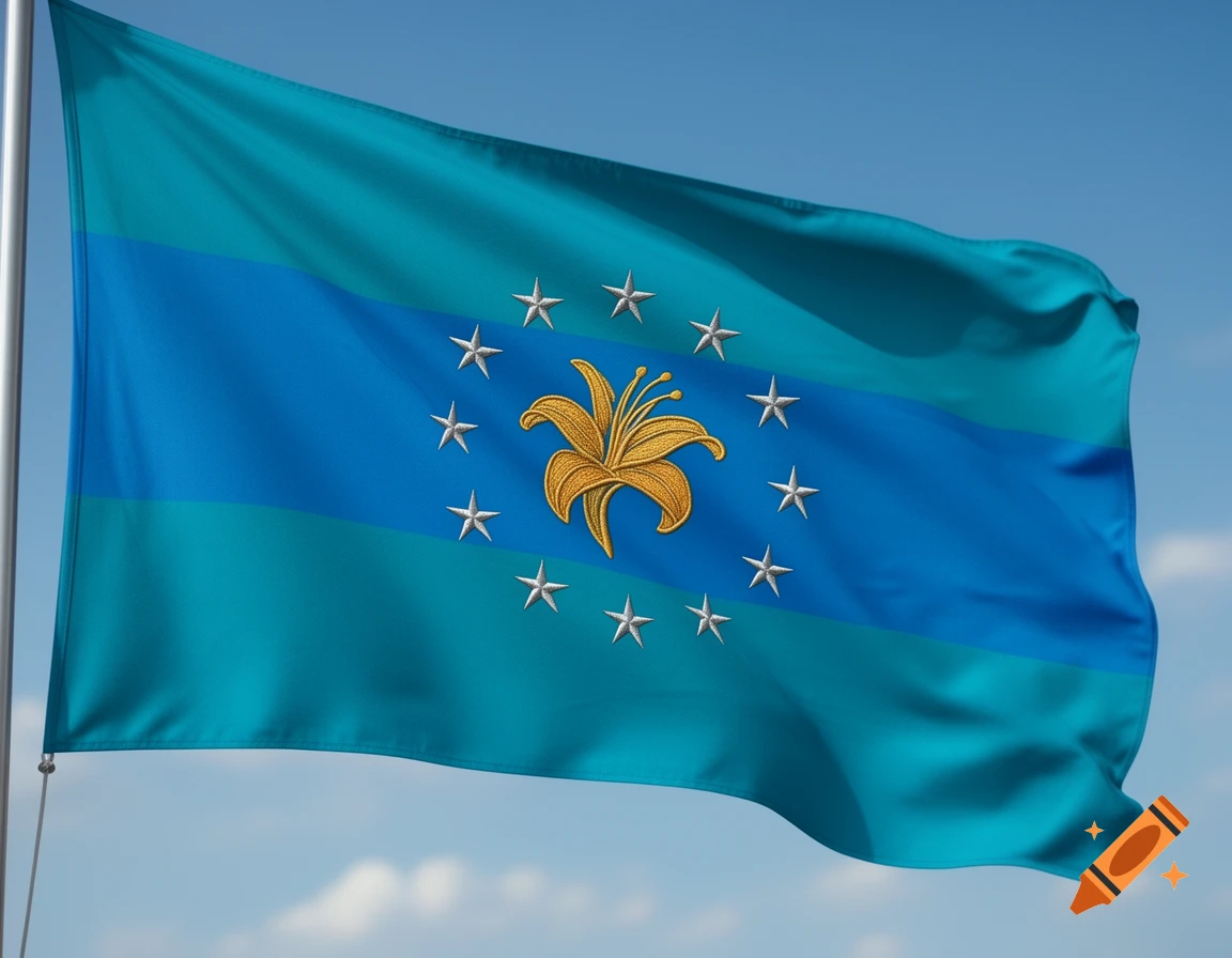 A teal and blue flag waving against a clear sky, featuring a golden lily surrounded by white stars in the center.