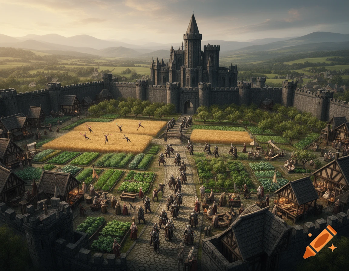 Aerial view of a fortified medieval city with a large castle, surrounding walls, farmland, and numerous people within its bustling grounds.