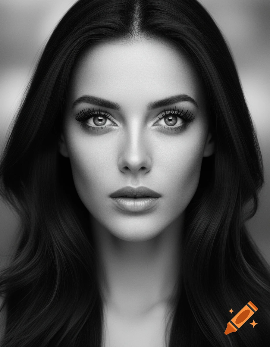 Photorealistic black and white close-up portrait of a woman with long dark hair and striking eyes.