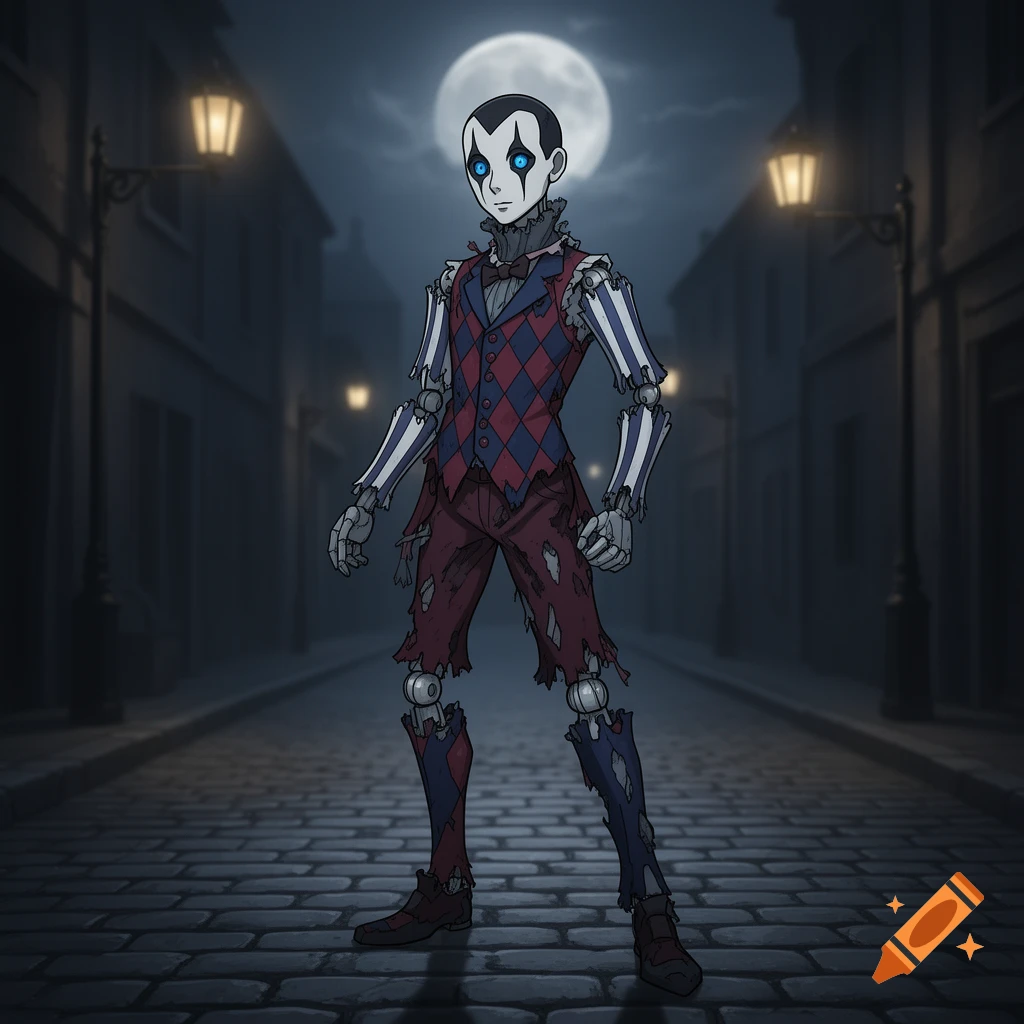 An anime-style grim marionette with a pale face, blue eyes, and visible joints stands on a cobblestone street at night under a full moon.