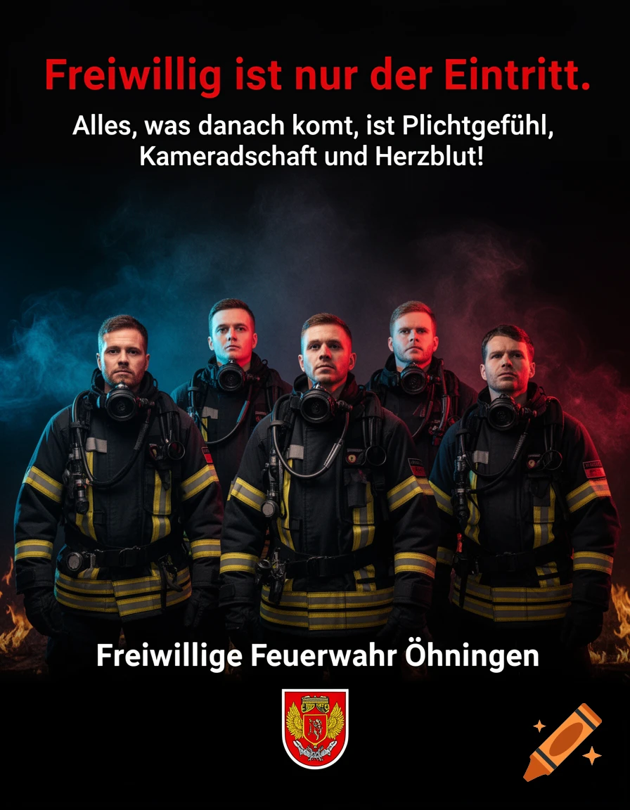 Five firefighters in full gear with respirators stand in front of smoke and subtle flames. German text and a crest are also visible.