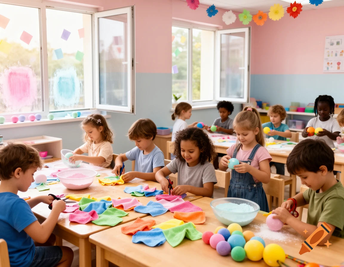 Children doing crafts in a bright classroom, cutting fabric, mixing powder, and making colorful balls.