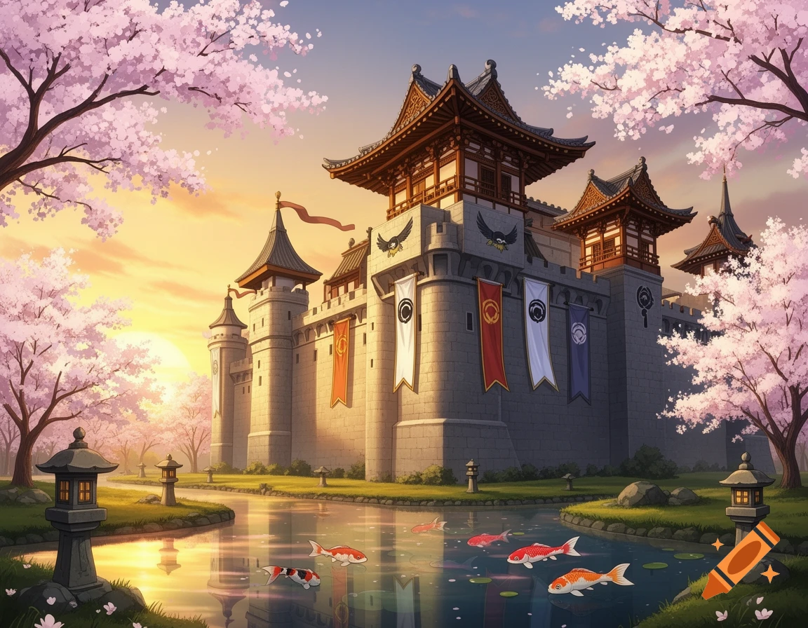 A vibrant illustration of a Japanese-style castle surrounded by pink cherry blossom trees, with koi fish swimming in a pond at sunrise.