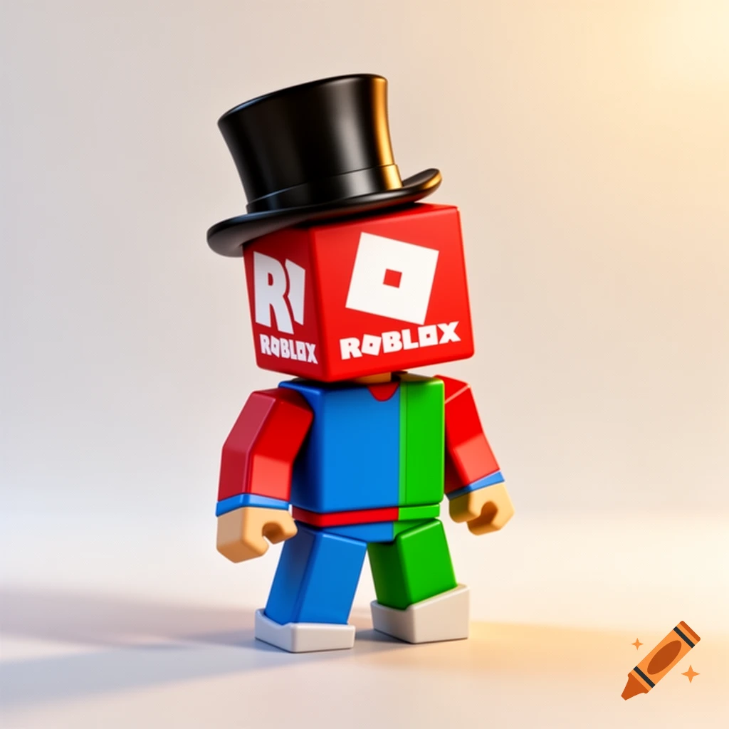 A blocky Roblox character with a red head featuring the Roblox logo and text, wearing a black top hat, and a colorful body.