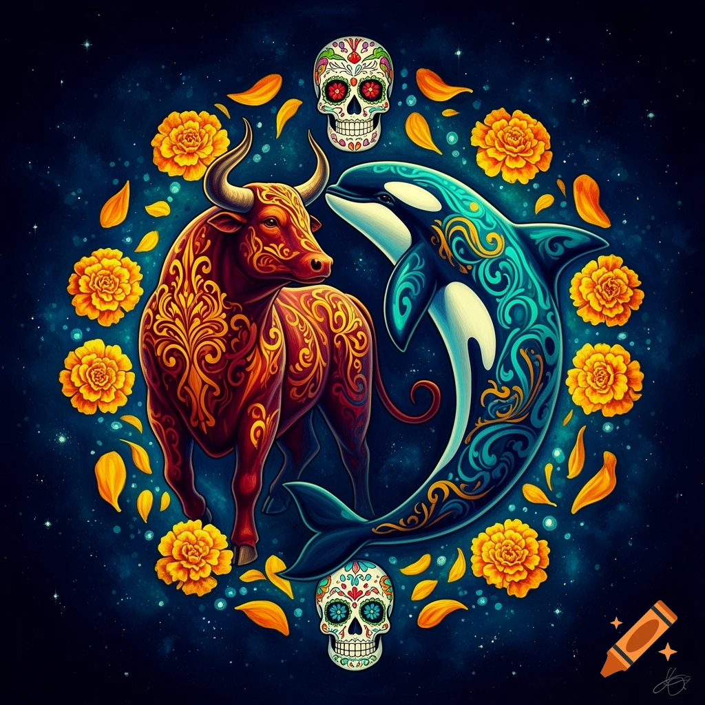An ornate red bull and a blue orca forming a circle, surrounded by marigolds and sugar skulls, in a vibrant Mexican Day of the Dead art style.
