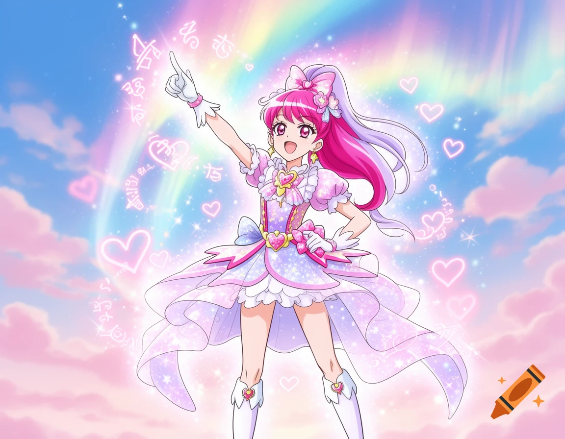 Anime magical girl with pink hair and a sparkling dress, raising her hand under a rainbow with glowing hearts and symbols in the sky.