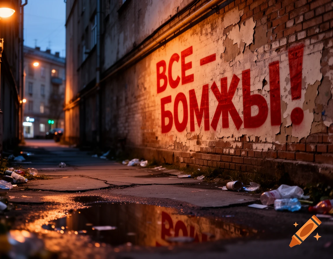 A dark, gritty urban alley with peeling brick walls and litter on the ground. Red graffiti reading "ВСЕ - БОМЖЫ!" is painted on the wall, reflected in a puddle.