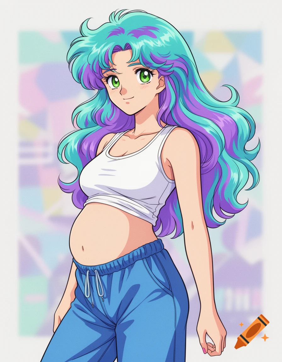 An 80s anime style woman with turquoise and violet hair, green eyes, a pregnant belly, wearing a white cutoff tank top and blue sweatpants.