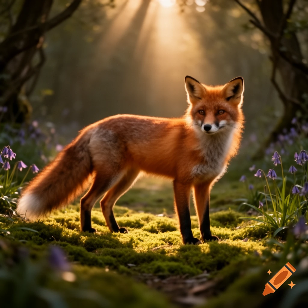 A photorealistic red fox stands in a sunlit forest with purple flowers and mossy ground.