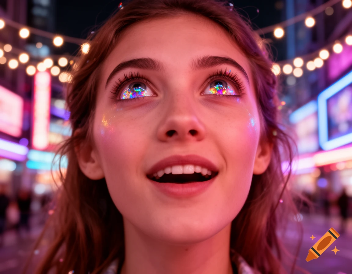 Close-up of a smiling young woman with glittery eyelids looking up at string lights in a vibrant city at night.