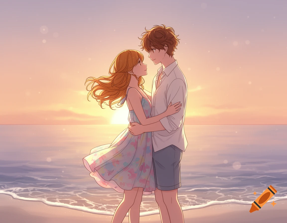 Anime couple embracing on a beach at sunset, with warm, glowing skies and calm waves.