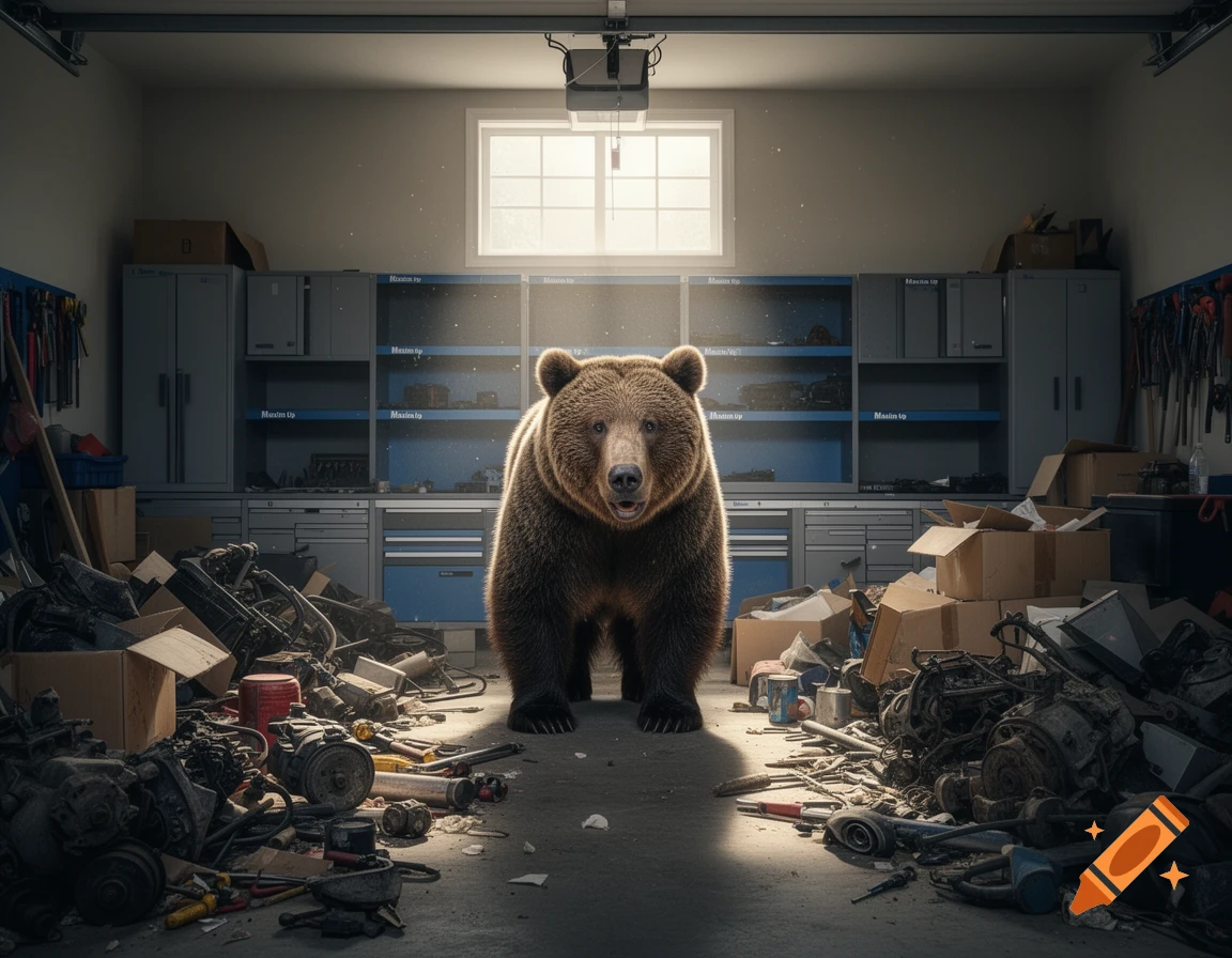 A large brown bear stands in the center of a cluttered garage with tools, parts, and boxes surrounding it, photorealistic style.