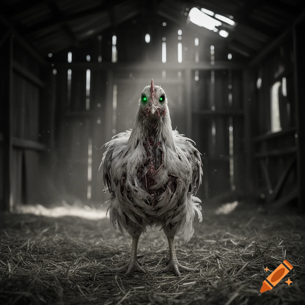 A zombie chicken with glowing green eyes stands in a dimly lit, rundown barn with hay on the floor.