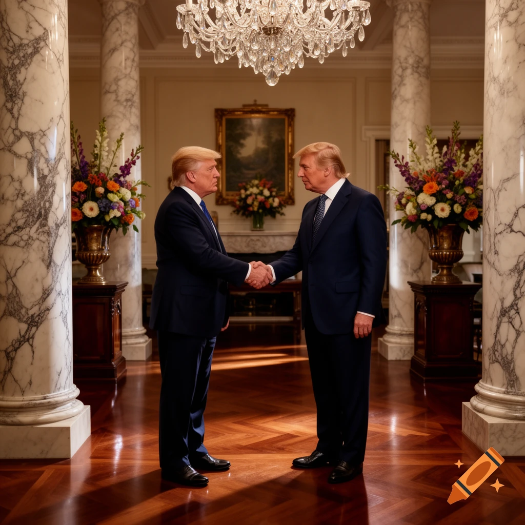 Two men in dark suits resembling Donald Trump shake hands in a grand hall with marble columns and a chandelier, photorealistic style.