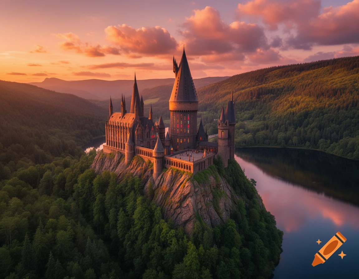 Hogwarts castle stands majestically on a rocky hill surrounded by forests and a lake, bathed in the warm light of a summer sunset.