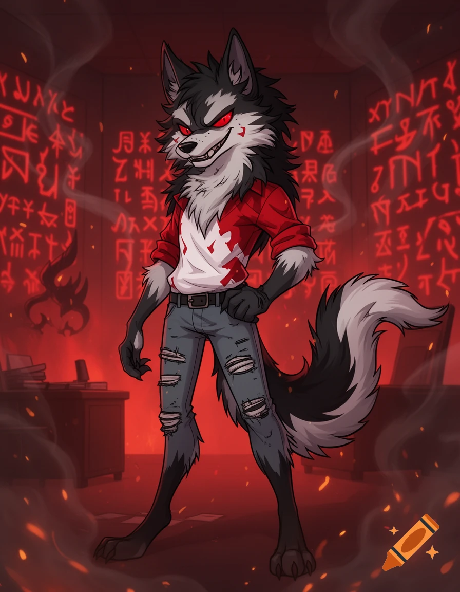 A stylized anthropomorphic grey and black wolf with red eyes, wearing ripped jeans and a red shirt over a white one, stands in a smoky, red room with occult symbols on the walls.