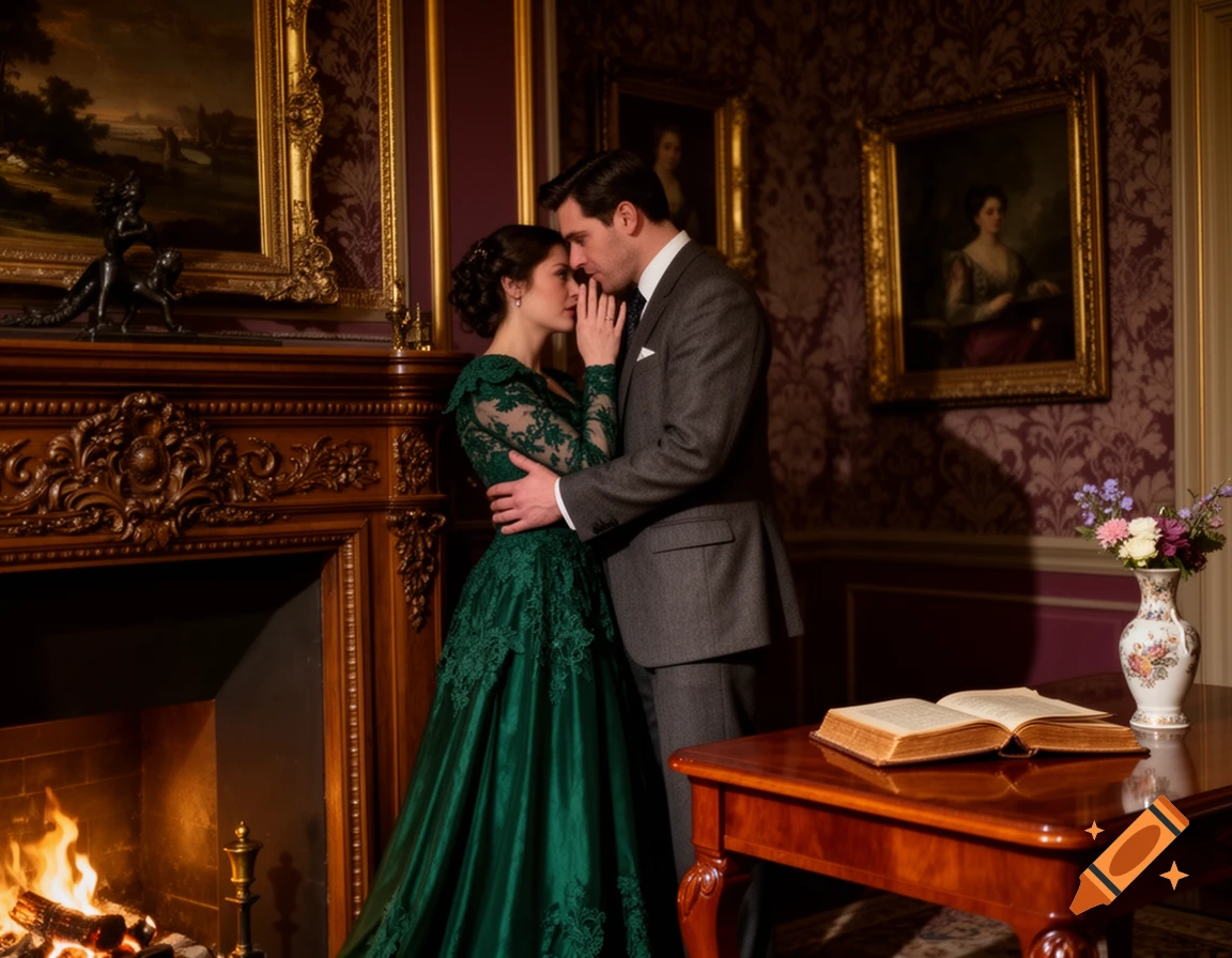 A couple in elegant period attire embraces intimately by a grand fireplace in an ornate, luxurious room.