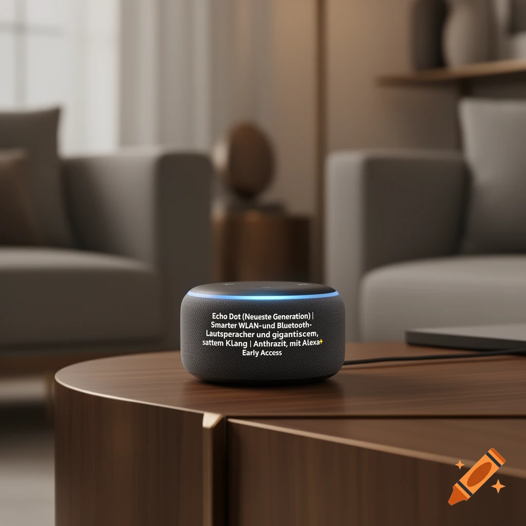 A dark grey Amazon Echo Dot smart speaker with a blue light ring sits on a modern wooden coffee table in a living room.