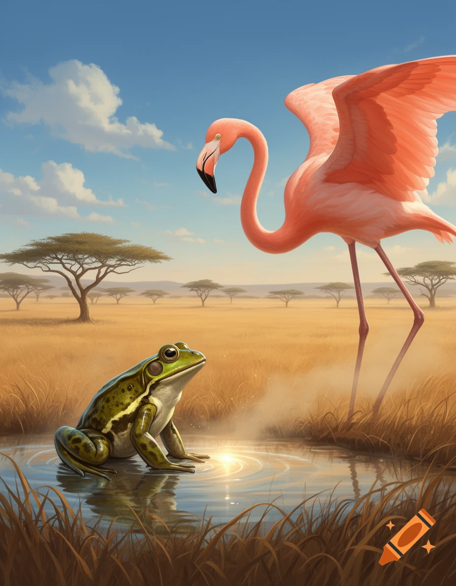 A green frog sits in a shallow puddle, looking up at a tall pink flamingo standing in a sunlit savannah.