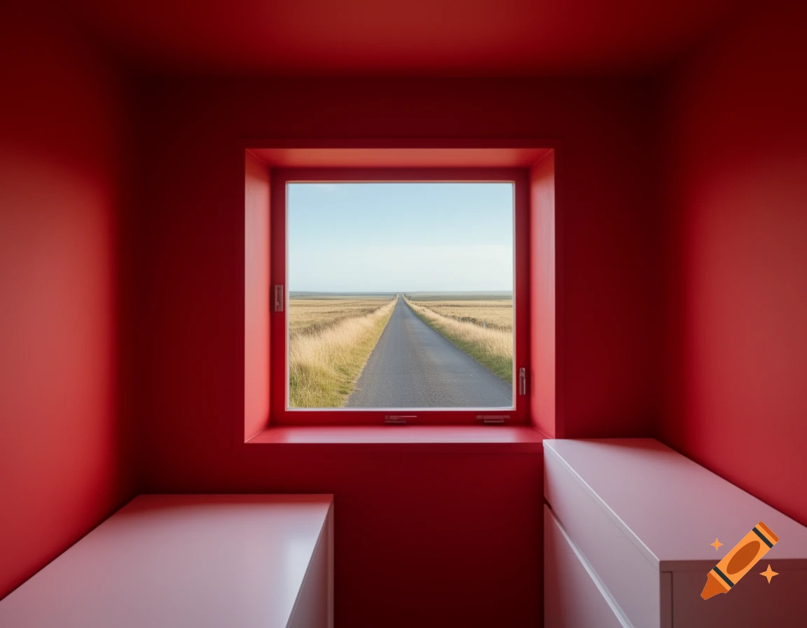 A minimalist red room with a window looking out onto a long, straight road through a grassy field under a clear sky.