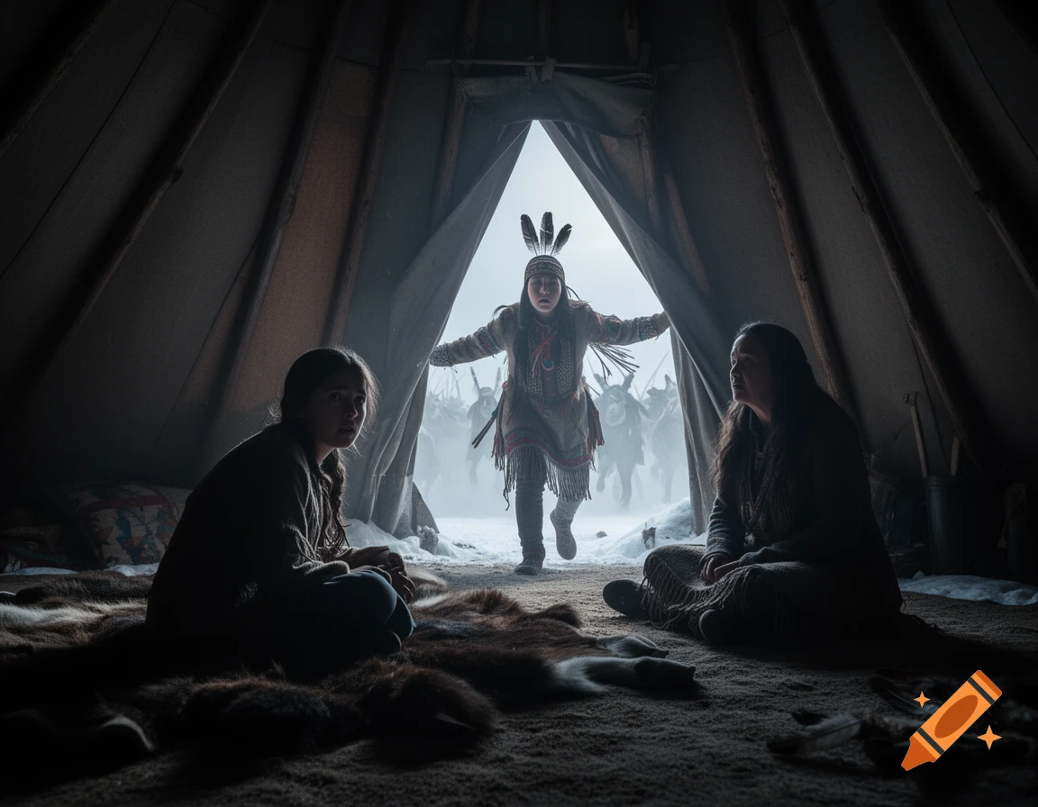 Inside a tipi, two Indigenous women look toward a child in traditional attire standing at the snowy entrance, where blurry riders are visible.