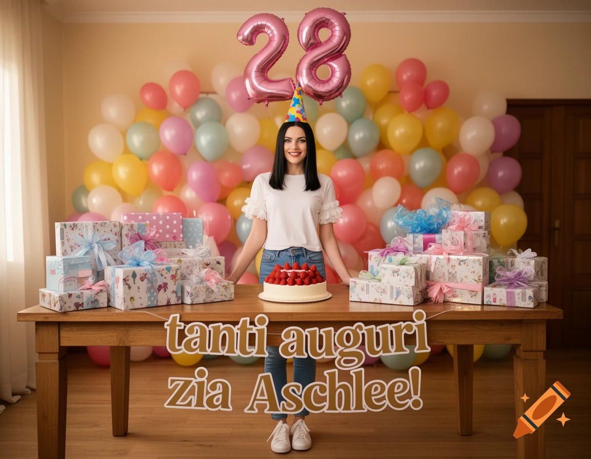 A smiling woman in a party hat stands behind a table with a strawberry cake and many gifts, with pink 28 balloons and colorful balloons in the background, and "tanti auguri zia Aschlee!" text below the table.