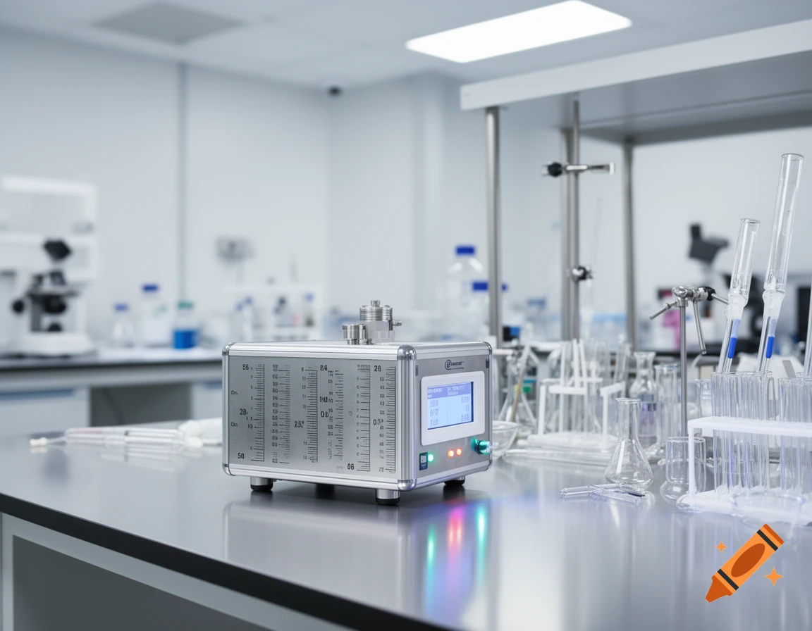 A silver scientific instrument with a digital screen and colorful lights sits on a shiny laboratory bench amidst glass beakers and test tubes in a bright lab.