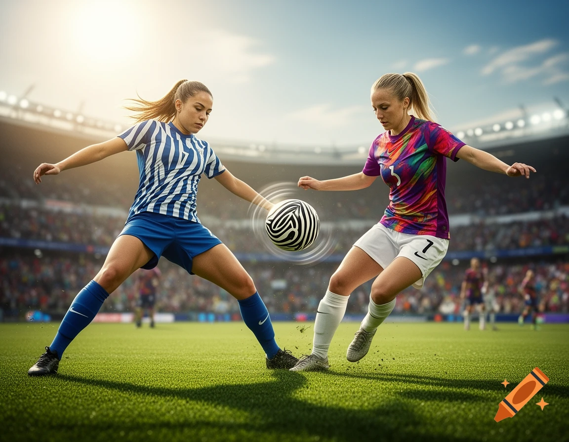 Two female soccer players, one in blue striped and one in colorful jersey, compete for a zebra-patterned ball on a stadium field.