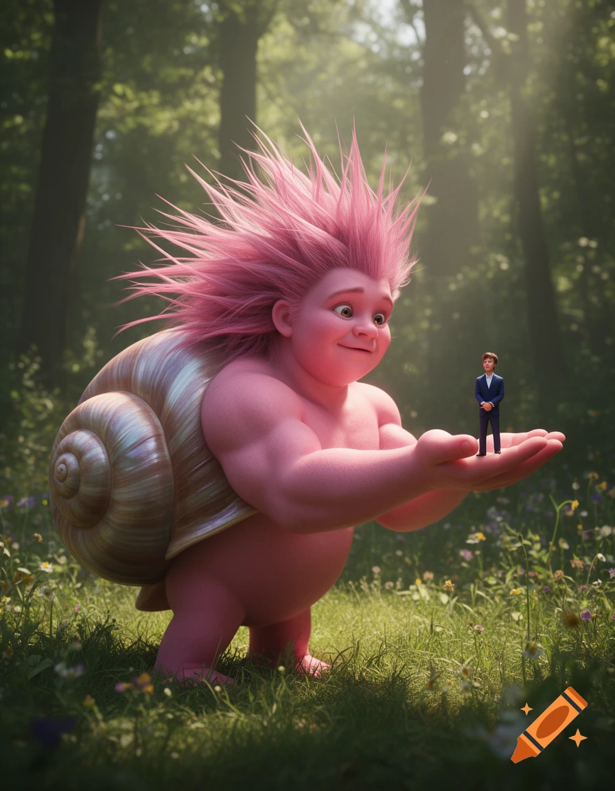 Giant pink muscular snail-like creature with spiky hair holds a tiny man in its palm in a sunlit forest, photorealistic style.
