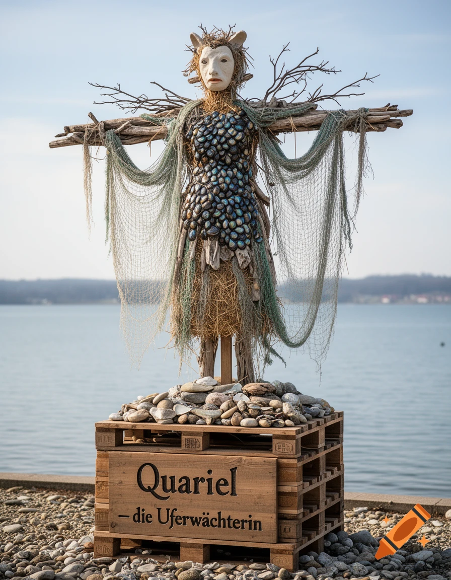 A unique scarecrow-like sculpture made of natural materials and fishing nets, standing on wooden pallets by a serene lake.