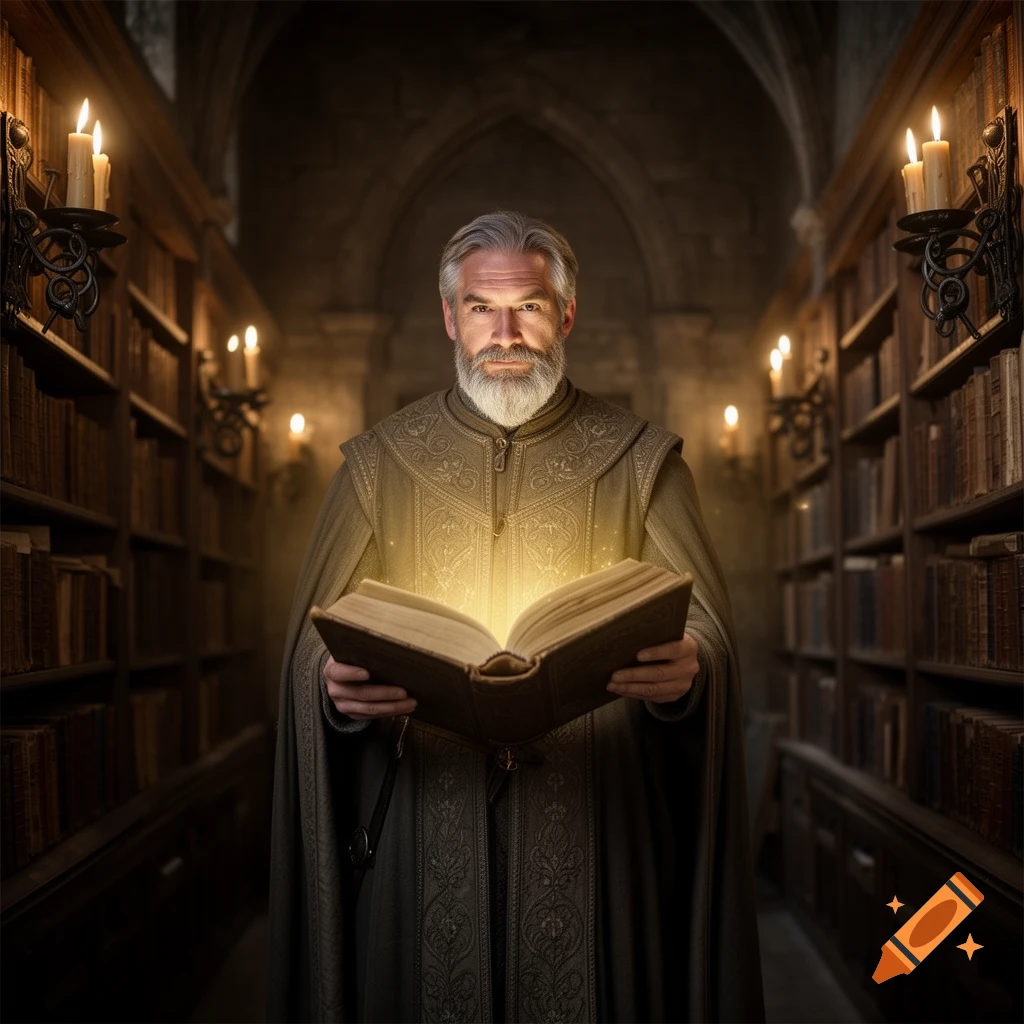 A grey-bearded man in a flowing robe holds an open, glowing book in a candlelit, vaulted library filled with tall shelves.